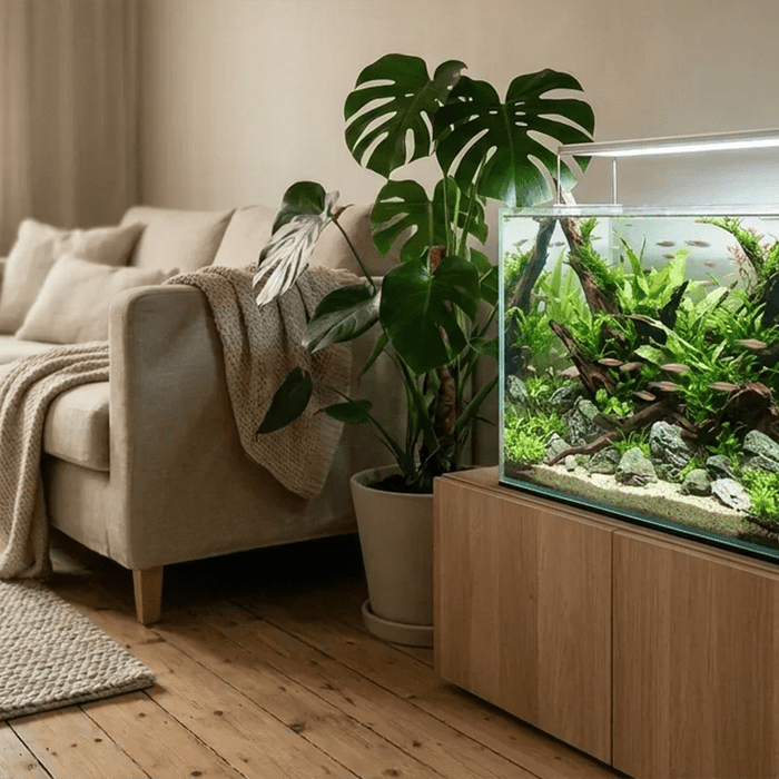 Liebevoll eingerichtetes Aquarium mit Pflanzen, Wurzeln und Fischen auf einem Sideboard im gemütlichen Wohnzimmer.