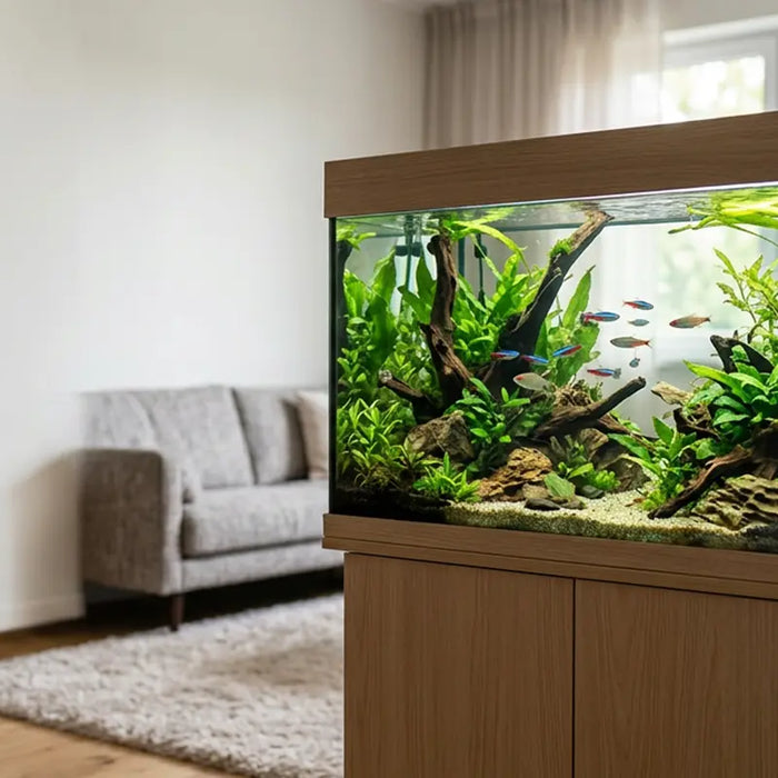 Gepflegtes Aquascape-Aquarium mit Wurzeln und Zierfischen als Blickfang im hellen Wohnzimmer