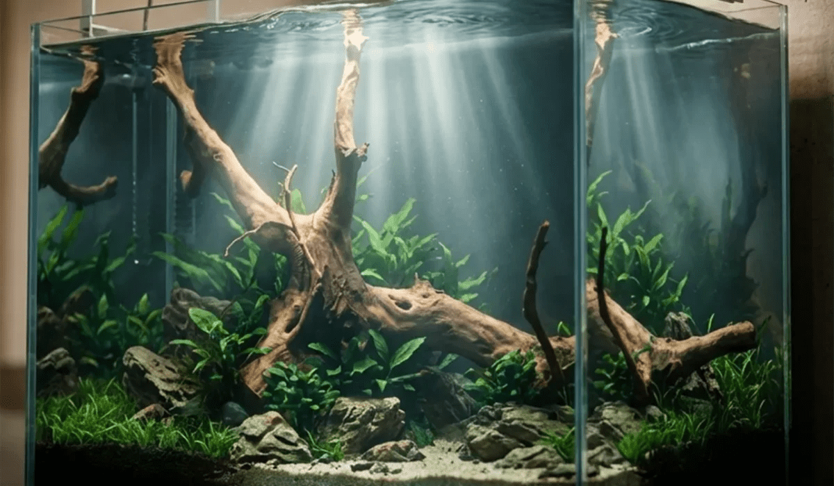 Dunkles Aquarium mit Wurzel