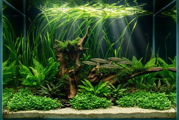 Naturaquarium mit bemooster Moorwurzel, Vallisnerien und Hechtlingen im Lichtstrahl